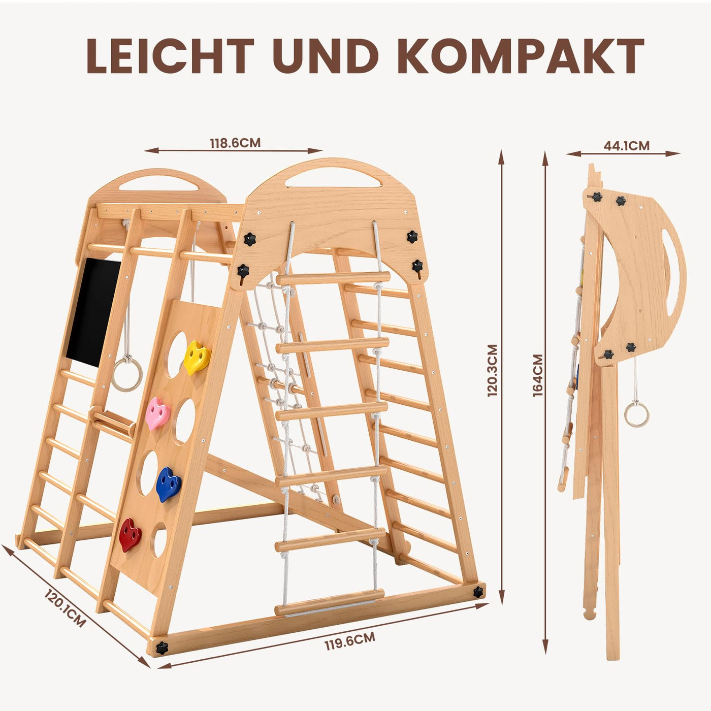 Freelawn Klettergerüst Indoor Montessori 9-in-1 Holz Spielplatz - Kletternetz, Rutsche, Sprossenwand für Kinder 1-6 Jahre (Natur)