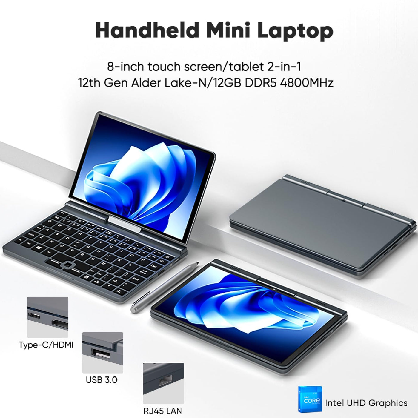 AdvanElink 8 Zoll Mini Laptop InteI N100, 12GB DDR5 1TB SSD, tragbarer Handheld-PC Win11 Pro, Touchscreen mit Stylus-Stift, WiFi6/Kamera/PD-Ladung