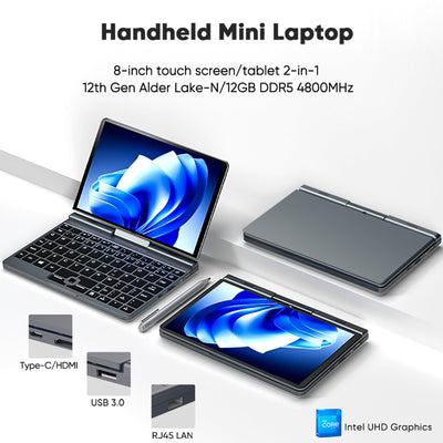 AdvanElink 8 Zoll Mini Laptop InteI N100, 12GB DDR5 1TB SSD, tragbarer Handheld-PC Win11 Pro, Touchscreen mit Stylus-Stift, WiFi6/Kamera/PD-Ladung