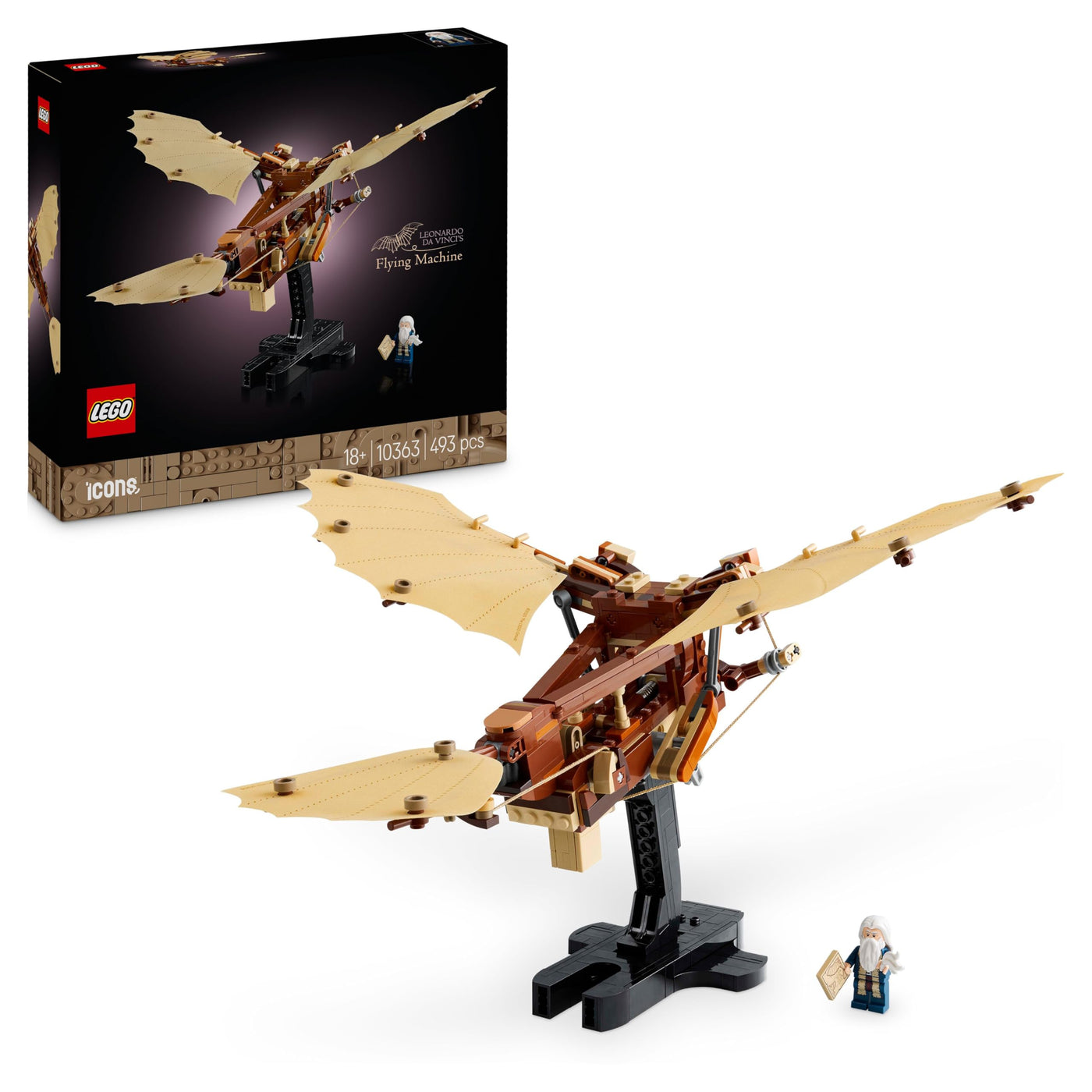 LEGO Icons Leonardo da Vincis Fluggerät mit schlagenden Flügeln - Inklusive Minifigur & Ständer - Bauset für Erwachsene - Deko-Set für Zuhause - Geschenkidee - 10363