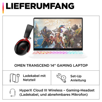 HP OMEN Transcend Gaming Laptop, 14 Zoll 2,8K OLED 120Hz, Intel Core Ultra 7 155H, 16 GB DDR5 RAM, 1 TB SSD, NVIDIA GeForce RTX 4060 (8GB), QWERTZ, Windows 11, Weiß inkl. HyperX Cloud III Wireless