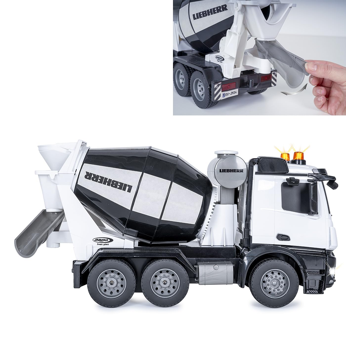 JAMARA Fahrmischer Mercedes-Benz Arocs Liebherr 1:20 2,4GHz - Offiziell lizenziert, Rückfahrwarnsound, 4 Radantrieb, Profilierte Gummireifen, LED Licht, Mischtrommel drehbar mit Entladefunktion