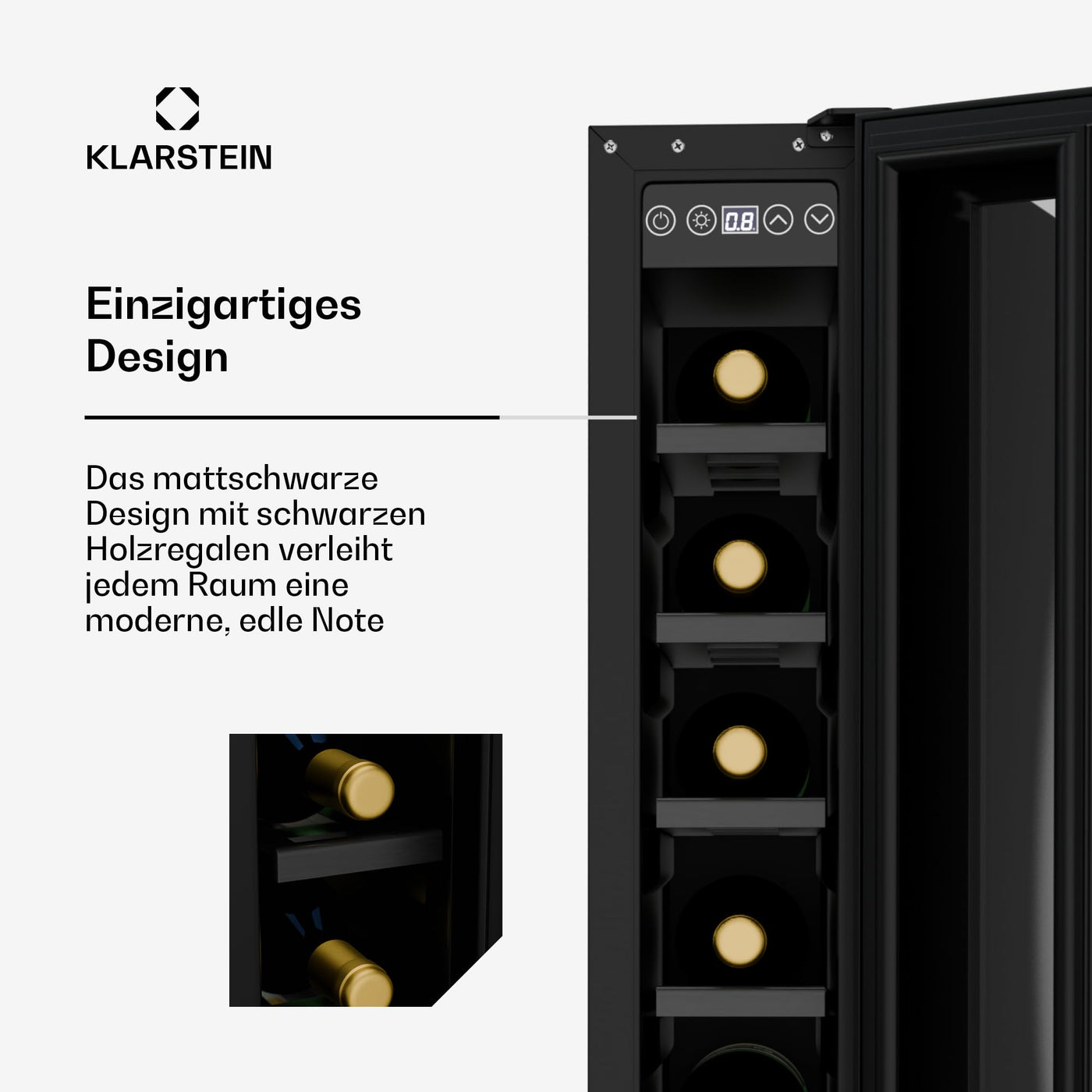 Klarstein Vinovilla 7 Uno Weinkühlschrank Einbau - 7 Flaschen, 1 Zone, 5-18 °C, LED-Beleuchtung, Leiser Betrieb, Mattschwarz, Schmaler Weinkühlschrank