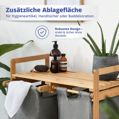 Lumaland Wäschekorb Bambus mit 2 ausziehbaren Wäschesäcken | Pflegeleichtes Material, unempfindlich gegen Nässe und leicht abwischbar | Höhe ca. 73cm x 64cm Breite x 33cm Tiefe [Dunkelgrau]