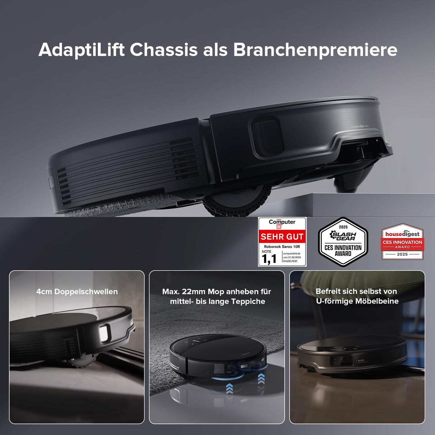 roborock Saros 10R Saugroboter mit Wischfunktion&Hebarem Wischmopp, 7,98cm Ultra-Slim Design, StarSight System 2.0, Zero-Tangle System