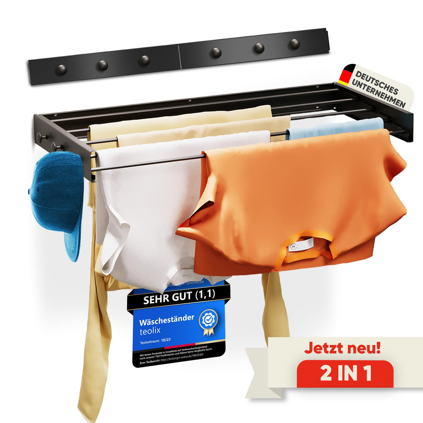 teolix Wäscheständer Wandmontage [2in1 mit extra Kleiderhaken] Ausziehbar und Platzsparend | Wäschetrockner Klein für Wand | Clothes Drying Rack Zeitlos Praktisch - (Schwarz, 80cm)