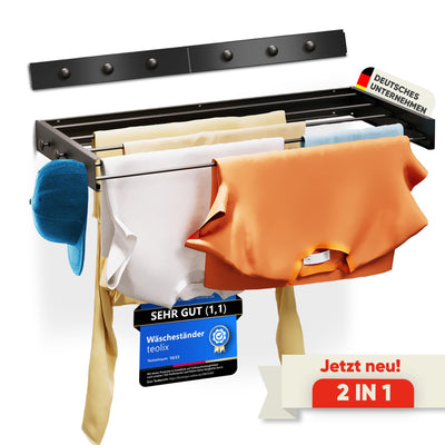 teolix Wäscheständer Wandmontage [2in1 mit extra Kleiderhaken] Ausziehbar und Platzsparend | Wäschetrockner Klein für Wand | Clothes Drying Rack Zeitlos Praktisch - (Schwarz, 80cm)