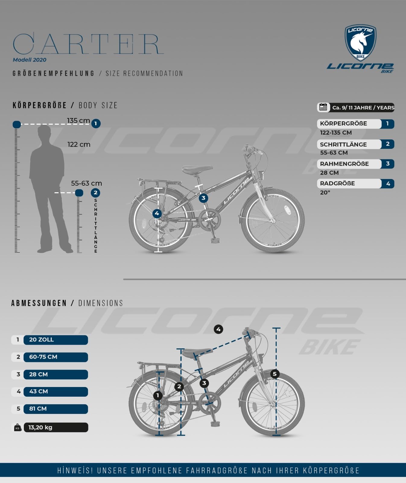 Licorne Bike Carter Premium Mountainbike in 20 Zoll Fahrrad für Kinder Mädchen Jungen 6 Gang Shimano Schaltung (Kinderfahrrad, Schwarz/Blau)