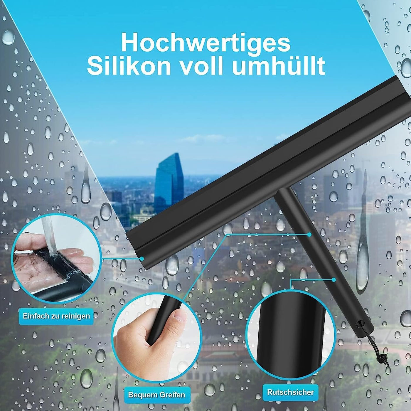 ACMETOP Duschabzieher Schwarz, Abzieher Dusche mit Halter ohne Bohren, Duschabzieher Silikon 23,5 cm, Fensterabzieher für Dusche, Badezimmer, Spiegel, Glas-Reinigung, Streifenfreie