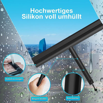 ACMETOP Duschabzieher Schwarz, Abzieher Dusche mit Halter ohne Bohren, Duschabzieher Silikon 23,5 cm, Fensterabzieher für Dusche, Badezimmer, Spiegel, Glas-Reinigung, Streifenfreie
