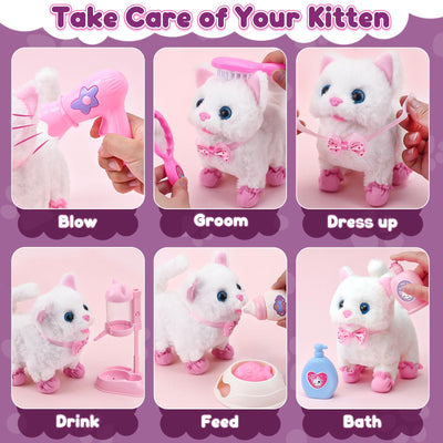 Tacobear Katzen Spielzeug Kinder 2 3 4 Jahre Kuscheltier Spielzeug Interaktives Haustier mit Elektronisch Plüsch Katze & Puppenwagen & Friseur Set Fütterung Zubehör Geschenke für Mädchen 3 4 5 6 Jahre