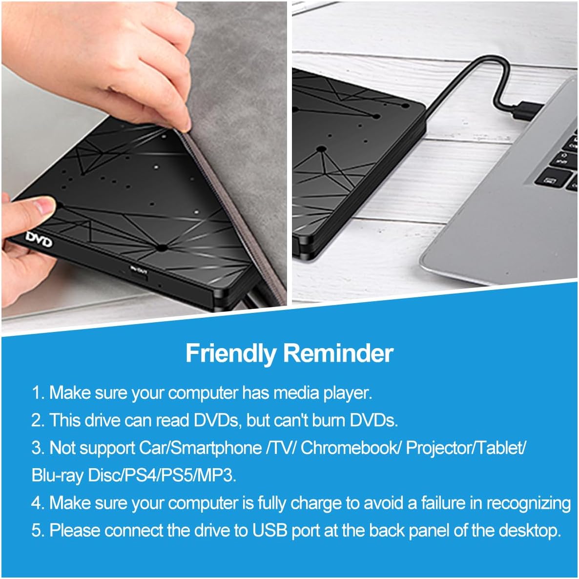 LMEN Externes CD DVD Laufwerk Extern mit USB 3.0 DVD für Laptop PC Computer Tragbar Externes DVD Laufwerk CD-ROM Brenner Extern mit niedrigem Lärm für Windows 11/10/7/8/XP Mac MacBook