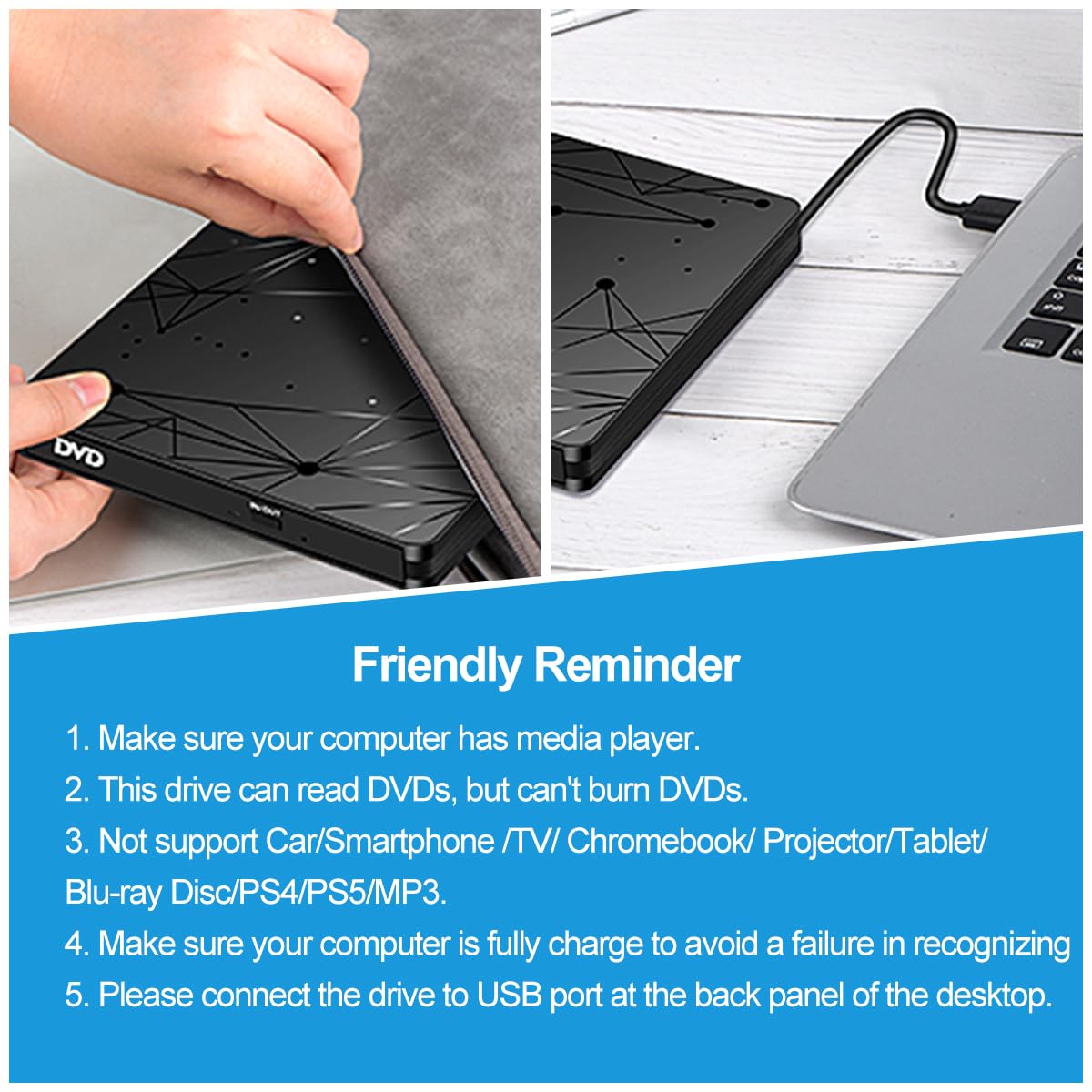 LMEN Externes CD DVD Laufwerk Extern mit USB 3.0 DVD für Laptop PC Computer Tragbar Externes DVD Laufwerk CD-ROM Brenner Extern mit niedrigem Lärm für Windows 11/10/7/8/XP Mac MacBook