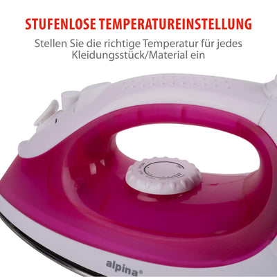 alpina Dampfbügeleisen - Dampfglätter 2000W - Bügeleisen mit Dampf- und Wassersprühfunktion - Einstellbare Temperatur und Wassertank 120ml - Edelstahlsohle - Rosa/Weiß