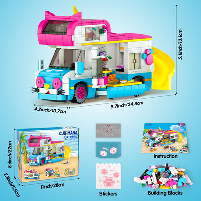 CUBIMANA 3-in-1 Wohnmobil Bausteine Spielzeug, Campingbus Wohnwagen Konstruktionsspielzeug mit Rutsche und Aufklebern, Geschenke für Kinder Mädchen und Jungen ab 6 7 8 9 10 11 12+ Jahre (494PCS)