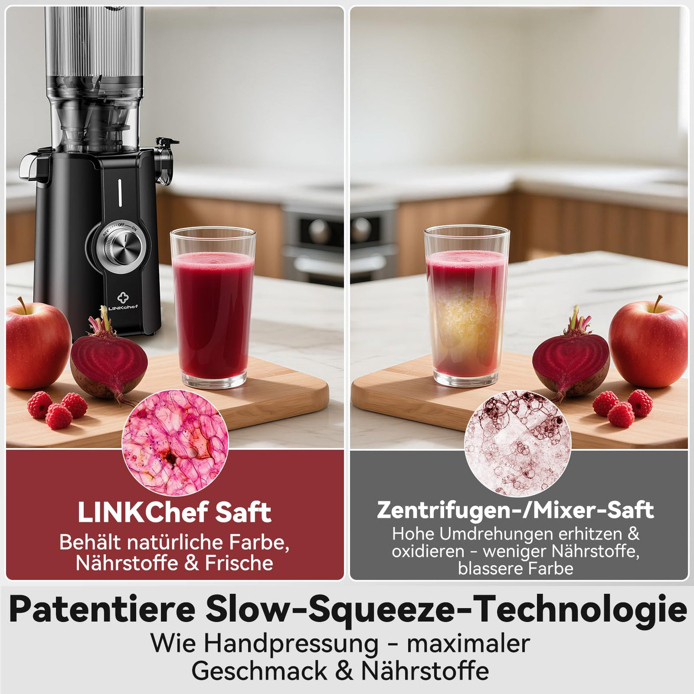LINKChef Schnellreinigungs Entsafter, NO-Prep Entsafter Gemüse und Obst, Blitzreiniger Saftpresse Slow Juicer Testsieger mit Einfacher Installation, BPA Frei, 115mm, 1.2L, 200w Hellgrün