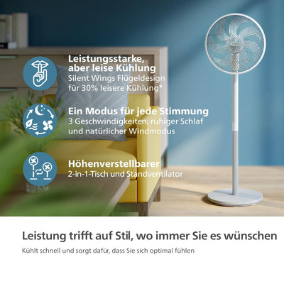 PHILIPS Standventilator Serie 2000. Stark & superleise mit SilentWings Technologie. 19 dB. 2-in-1-Tisch- & Standventilator. Neigung & Oszillation einstellbar. 12-Stunden-Timer. Weiß. (CX2550/00)