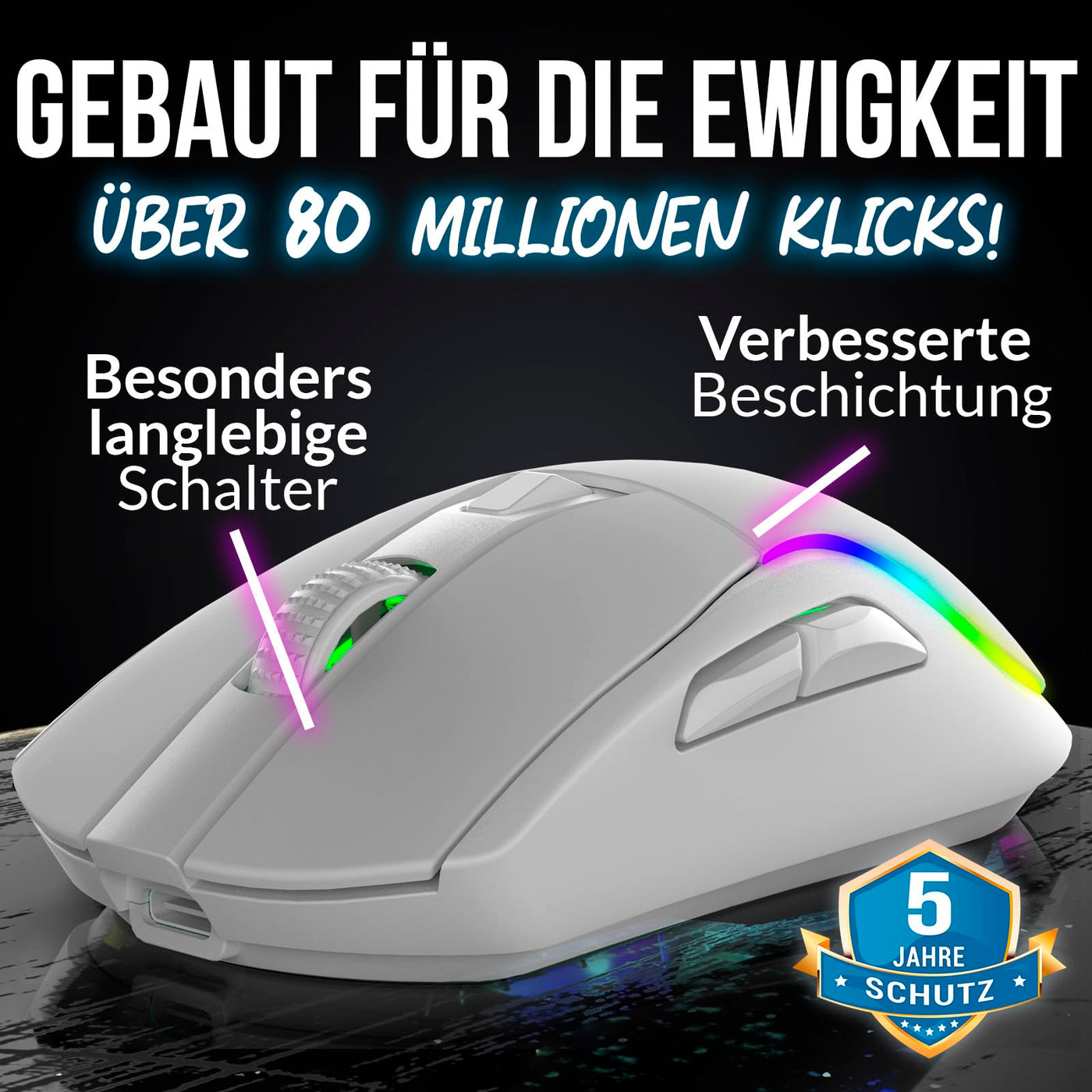 KLIM Blaze Y Wiederaufladbare kabellose Maus - NEU - Gaming Maus mit RGB und Ladestation - Hochpräziser Sensor und langlebiger Akku - Bis zu 6000 DPI - Kabel- und Wireless Mouse für PC - Weiß