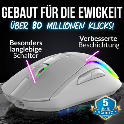 KLIM Blaze Y Wiederaufladbare kabellose Maus - NEU - Gaming Maus mit RGB und Ladestation - Hochpräziser Sensor und langlebiger Akku - Bis zu 6000 DPI - Kabel- und Wireless Mouse für PC - Weiß