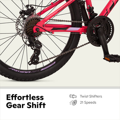 Schwinn High Timber ALX Youth/Adult Mountain Bike, Aluminum Frame and Disc Brakes, 24-Inch Wheels, 21-Speed, Coral