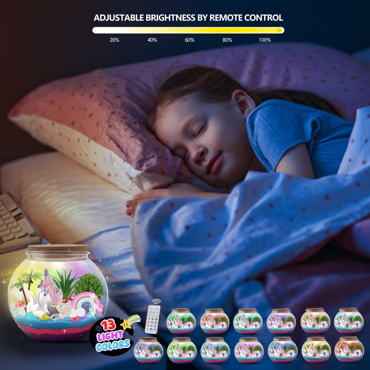 Einhorn Geschenke für Mädchen, DIY Einhorn Terrarium Bastelset mit Timing Fernbedienung und farbigen Lichtern, Nachtlicht Basteln, Wissenschaft Kit, Spielzeug für Mädchen ab 6, 7, 8+ Jahren