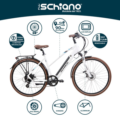 F.lli Schiano E-Voke, E Bike Trekking 28 Zoll, 36V 11.6Ah Abnehmbarer Akku, Motor 250W 50Nm, Trekking EBike für Herren/Damen, Weiss