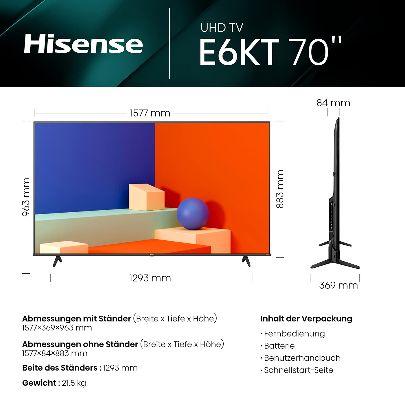 Hisense 70E6KT 177cm (70 Zoll) Fernseher, 4K UHD, HDR, Dolby Vision, Triple Tuner DVB-C/S/ S2/ T/ T2, Smart-TV, Bluetooth, WiFi, Alexa Built-In, DTS Virtual X, Hotel Mode, Schwarz [2023]