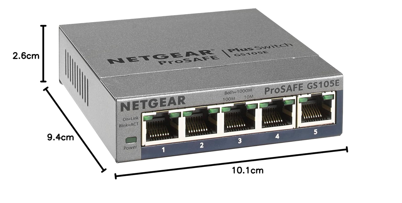Netgear GS105E Managed Switch 5 Port Gigabit Ethernet LAN Switch Plus (Netzwerk Switch Managed, IGMP, QoS, VLAN, lüfterlos, robustes Metallgehäuse, ProSAFE Lifetime-Garantie), Grau