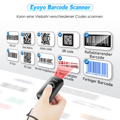Eyoyo Mini 2D Bluetooth Barcode Scanner, 3 in1 Bluetooth & USB Kabel & 2.4G Wireless Barcode Leser, Portable Bar Code Scannen mit Windows, Android, iOS, Tablets oder Computer(1D 2D QR Schwarz)