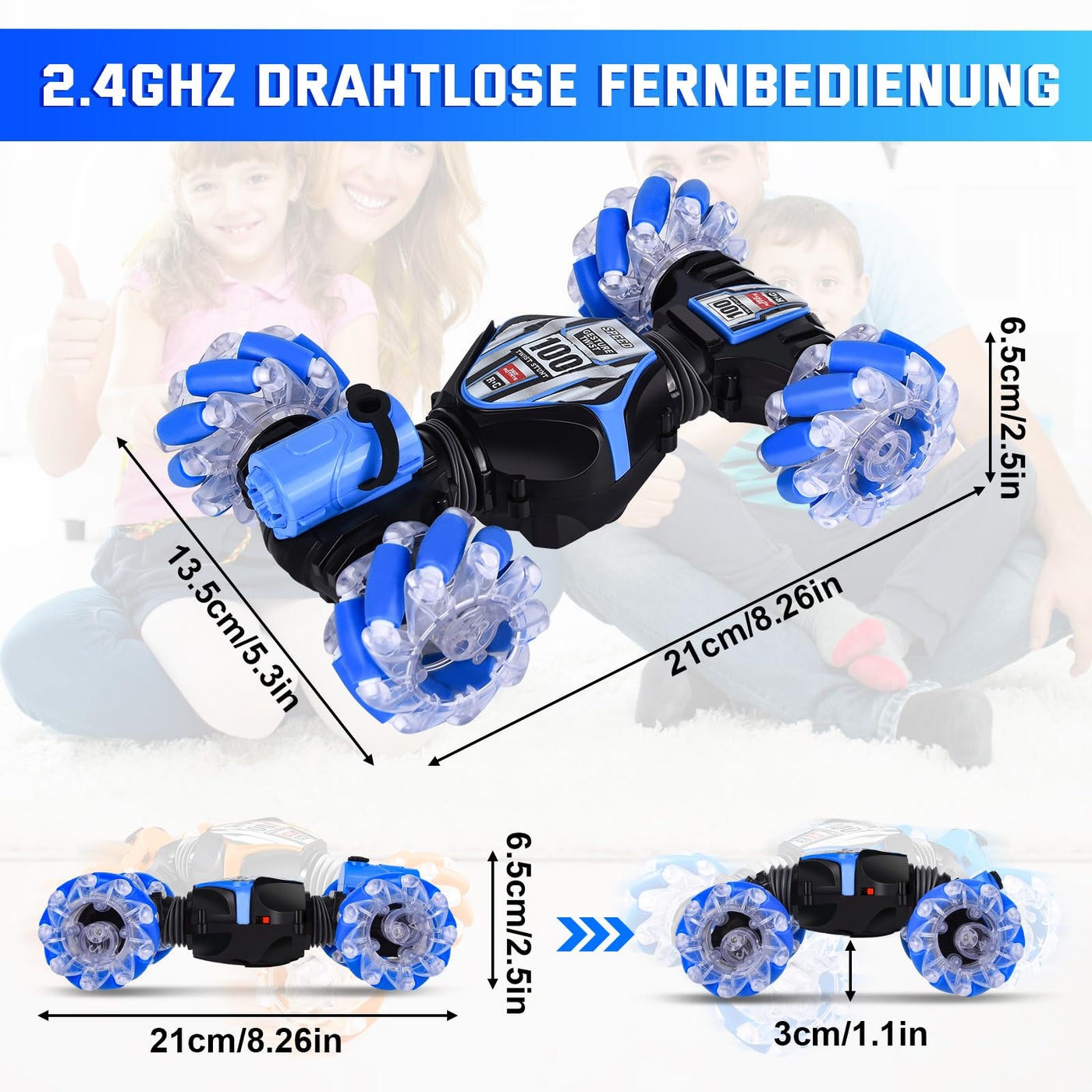 Herenear Ferngesteuertes Auto mit Handsteuerung, 4WD 2.4GHz RC Stunt Car mit Licht und Sprühen, 360° Drehung Crawler Fahrzeug, Doppelseitige Rotierende Off Road RC Twist Car für Kinder (Blau)