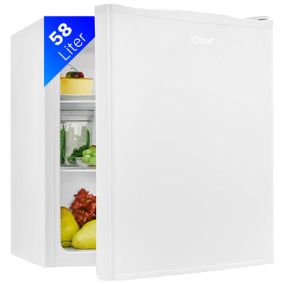 Bomann Mini Kühlschrank mit 58 Liter Nutzinhalt | Kühlschrank klein mit 2 herausnehmbaren Glasablagen | Mini Fridge mit stufenloser Temperaturregelung u. wechselbarem Türanschlag | KB 7347 weiß