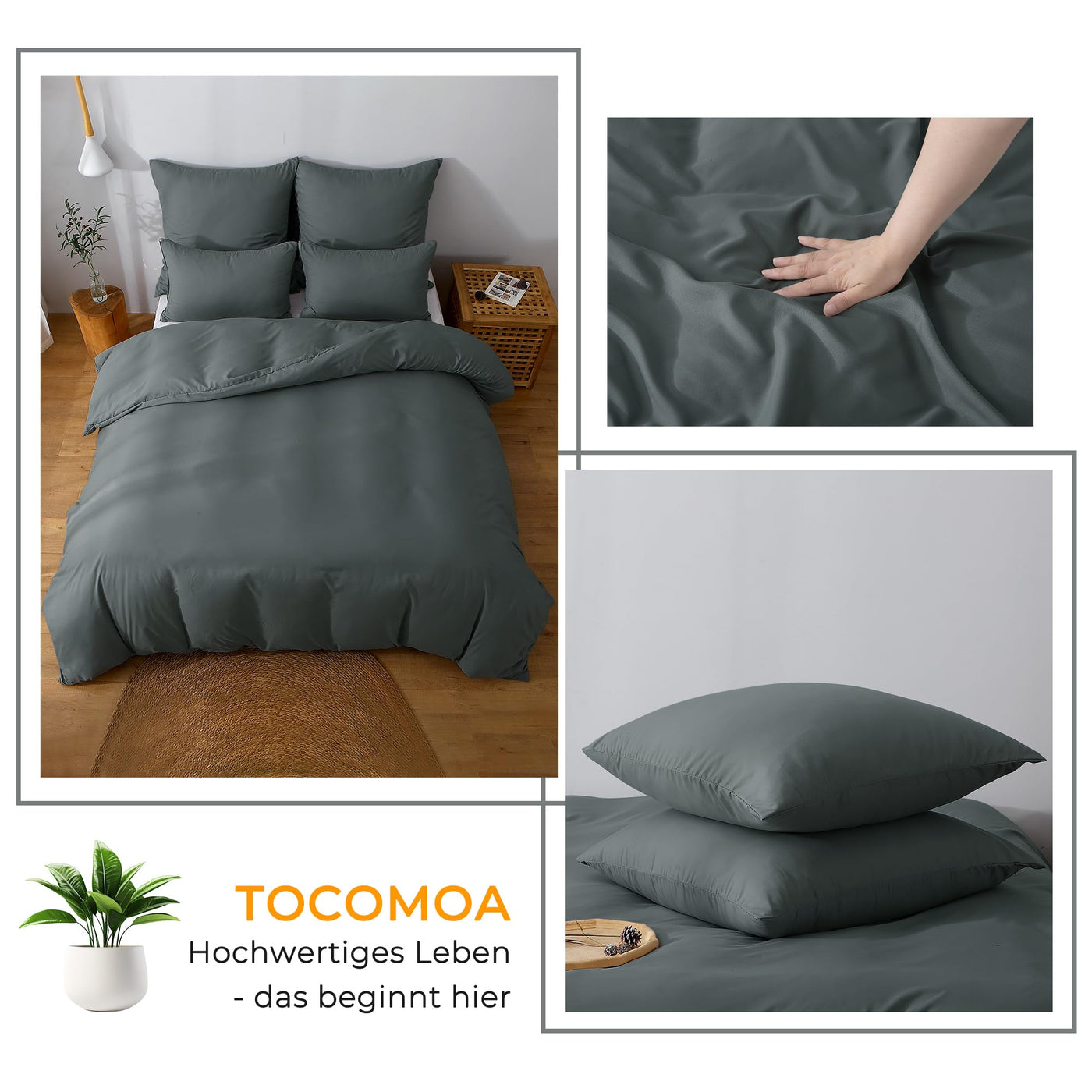 TOCOMOA Bettwäsche 155x220 2teilig Anthrazit, Bettwäsche-Sets Mikrofaser ÖKO-TEX Zertifiziert, Bettbezug und Kissenbezug 80x80cm mit Reißverschluss Weich und Bügelfrei