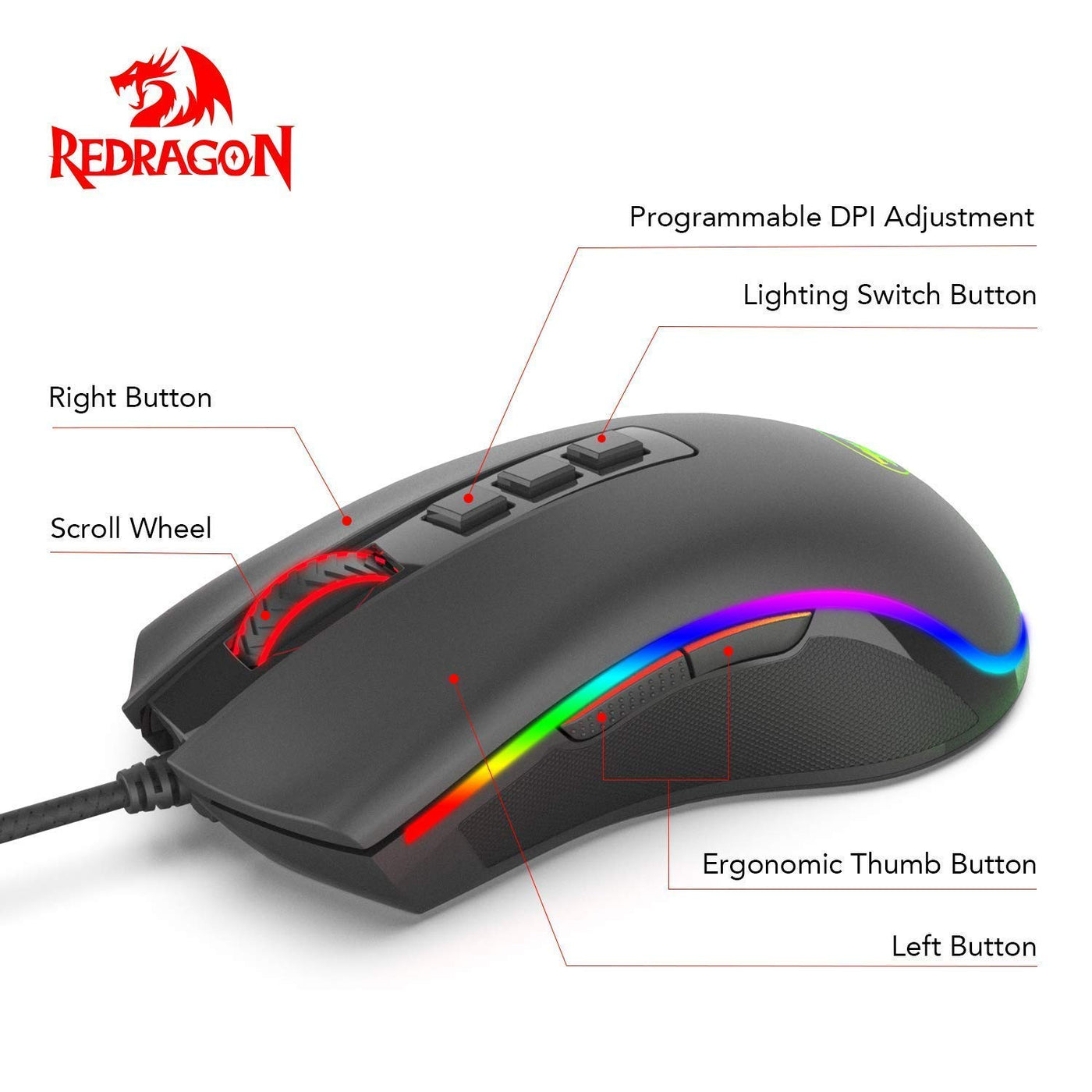 Redragon M711 Cobra Gaming Maus mit 16,8 Millionen RGB-Farben und Hintergrundbeleuchtung, 10.000 DPI Einstellbar, Komfortabler Griff, 7 Programmierbare Tasten, Schwarz