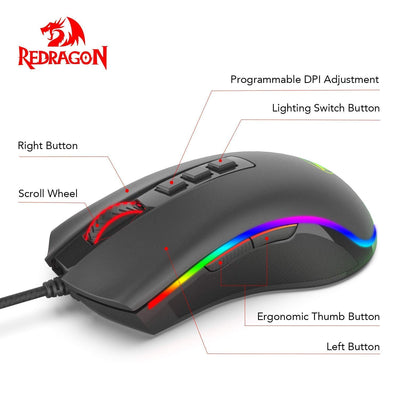 Redragon M711 Cobra Gaming Maus mit 16,8 Millionen RGB-Farben und Hintergrundbeleuchtung, 10.000 DPI Einstellbar, Komfortabler Griff, 7 Programmierbare Tasten, Schwarz