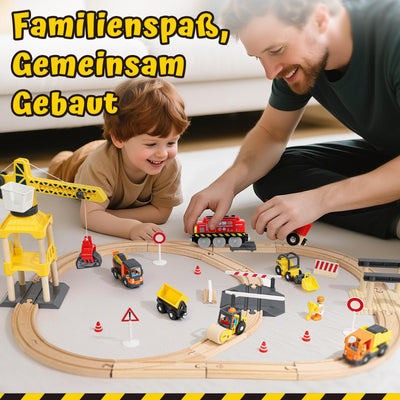 Lehoo Castle Holzeisenbahn, 68 Pcs Eisenbahn Holz mit Kran Spielzeug, Eisenbahn Kinder Elektrisch, Holz Eisenbahn Kinder mit Bagger