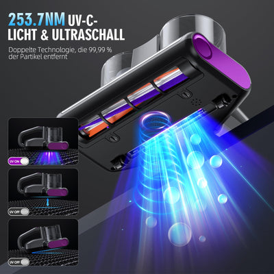 JPHYLL Milbensauger für Matratzen Milbenstaubsauger mit UV-C Licht 16Kpa Absaugung Matratzenreiniger HEPA Filter Ultraschall Hitze Bürstenrolle Technologien Polstersauger Handstaubsauger 500W Kabel