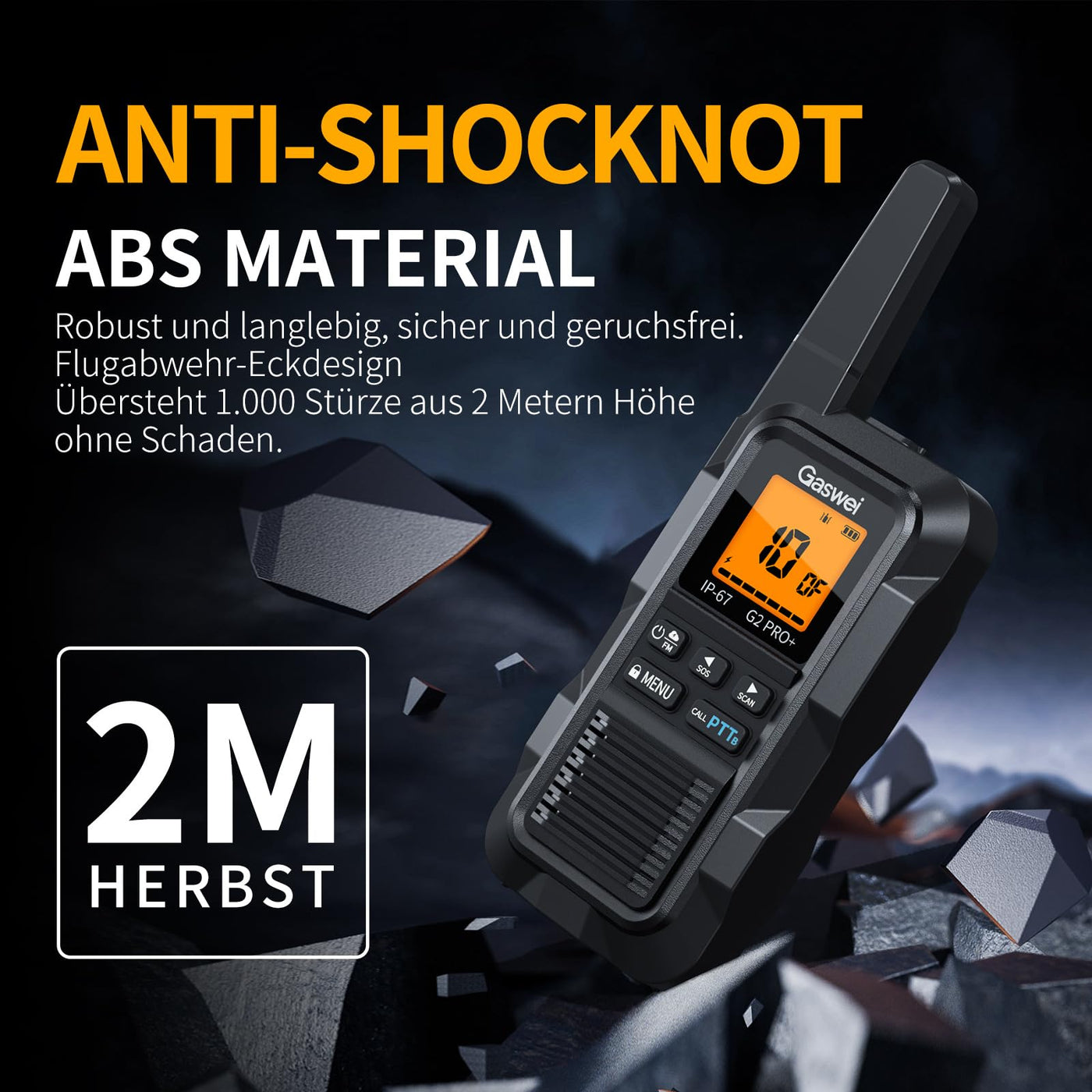 Gaswei G2Pro Professionelle Walkie-Talkies für Erwachsene [IP67 wasserdicht & schwimmfähig] Langstrecken-Funkgerät mit Doppel-PTT, SOS-Alarm,FM-Radio + Akku für Outdoor, (2er-Set in Schwarz)