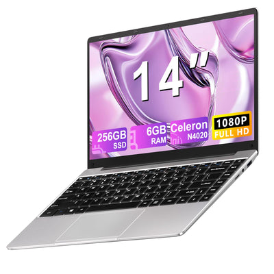 NOTODD 2025 Laptop 14 Zoll Win 11 Pro 6GB RAM 256GB SSD Unterstützung 1TB (TF 1TB) 5000mAh Notebook Celeron N4020 (bis2.8GHz) 1920x1080p 5G WiFi Deutscher Tastaturschutz und kabellose Maus-Silver