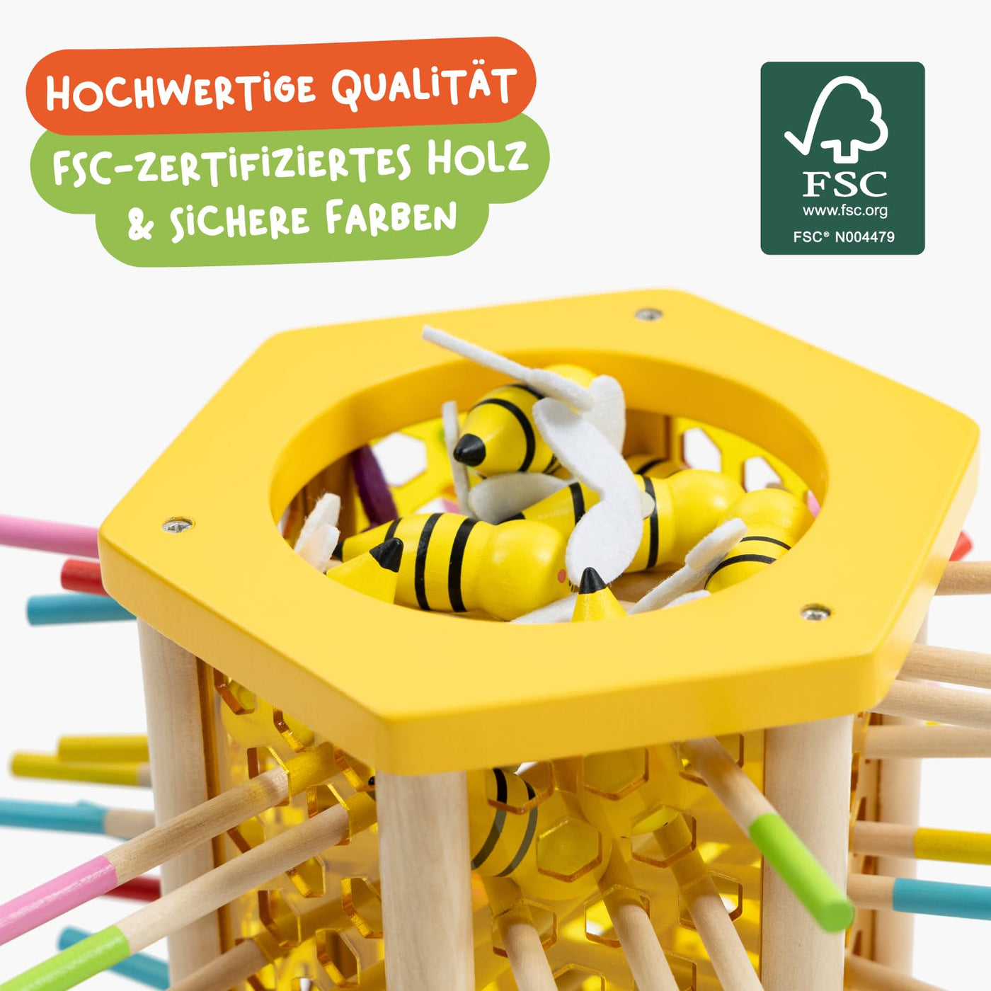 Nene Toys BEEFALL Groß, 4-in-1 Lernspiel mit Bienen, Montessori Spielzeug ab 3 Jahren mit bunten Stäben, Würfeln & Karten - Holzspiel für Jungen & Mädchen 3-9 Jahre - Pädagogisches Familienspiel