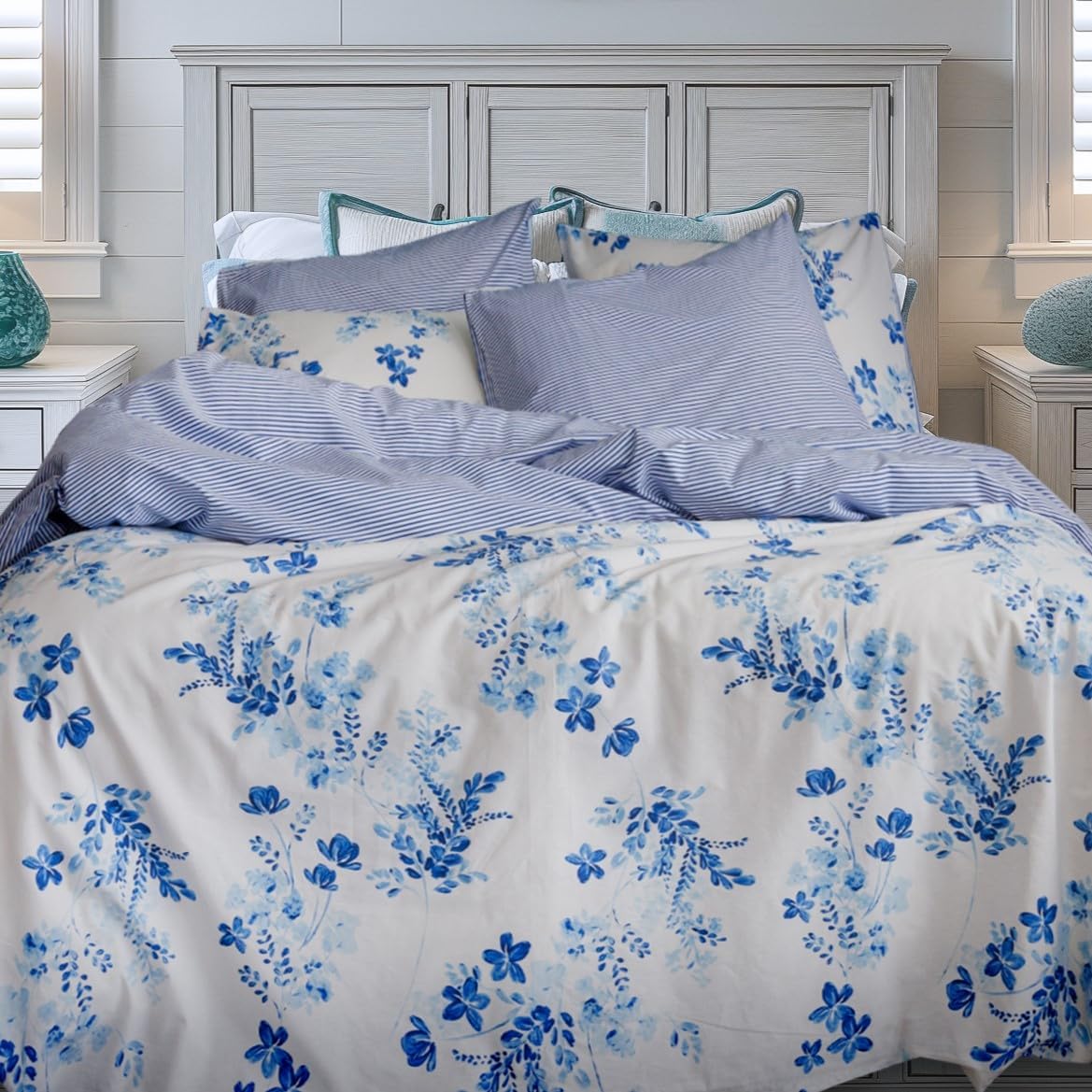 LERUUM Bettwäsche Set 140x200 Baumwolle Reversibel Streifen Blumen Blau Weiß Bettbezug (140 x 200 + 65 x 65 cm)