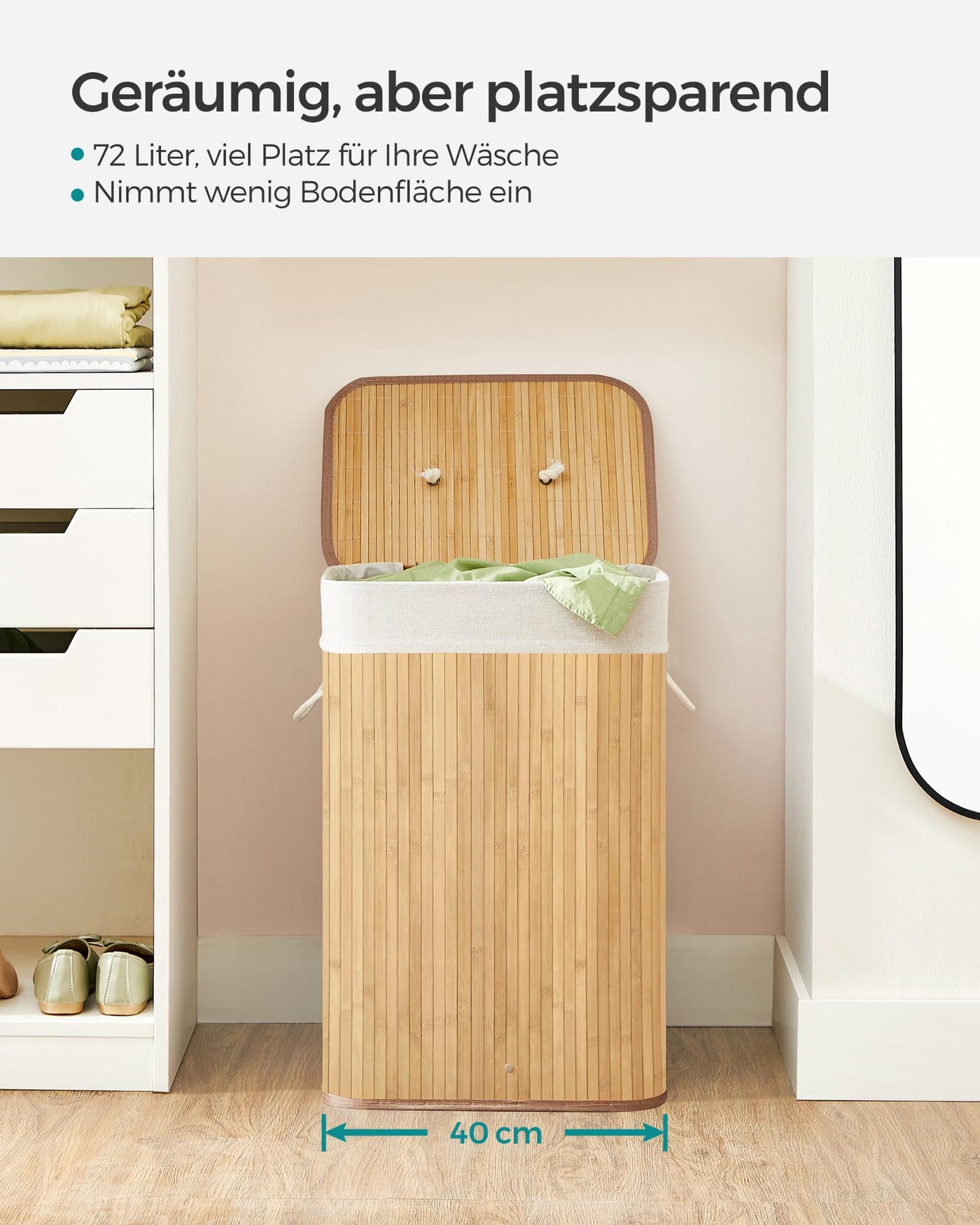 SONGMICS Wäschekorb mit Deckel, 72 L, Wäschekorb aus Bambus, faltbar, mit abnehmbarem waschbarem Beutel, Griffen, für Waschküche, Schlafzimmer, Holzfarbe LCB10Y