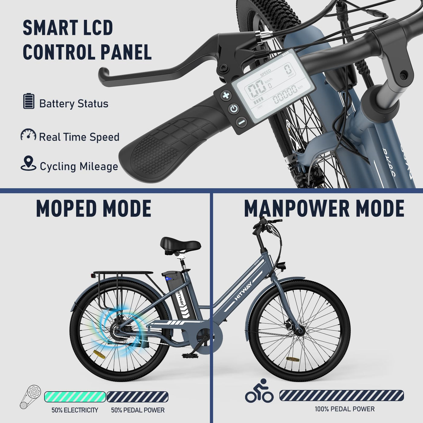 HITWAY E-Bike für Damen Herren, 26 Zoll, Elektrofahrrad E-Citybike, 8.4Ah 36V Abnehmbarer Akku,Sitzhöhe Verstellbar,City Bike mit Gepäckträger für Erwachsene City Pendler