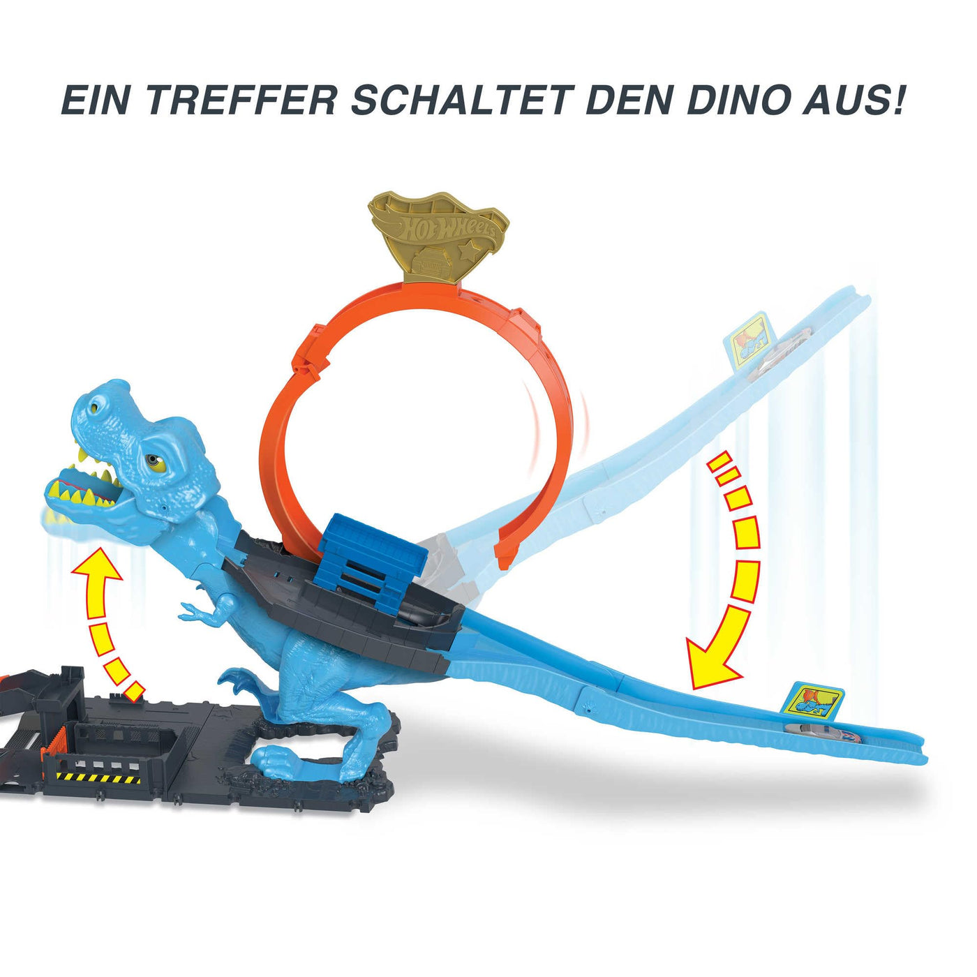 Hot Wheels City T-Rex Angriff - Geschicklickheit durch genaues Timing, Polizeiwache, Looping, Dinosaurier, Kreuz-Augen, für Kinder ab 4 Jahren, HNP77