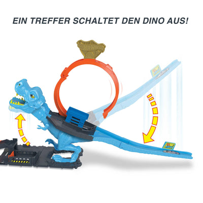 Hot Wheels City T-Rex Angriff - Geschicklickheit durch genaues Timing, Polizeiwache, Looping, Dinosaurier, Kreuz-Augen, für Kinder ab 4 Jahren, HNP77
