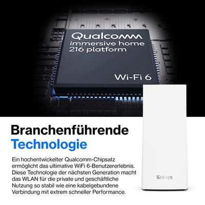 Linksys Velop MX4200 Tri-Band Mesh-WiFi 6-System (AX4200) WLAN-Router mit bis zu 260 m² Funkabdeckung, 3,5-mal schneller, für mehr als 40 Geräte – 1er-Pack, Weiß