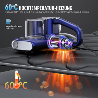 Milbensauger für Matratzen Milbenstaubsauger mit 253,7nm UV-Licht 16Kpa Absaugung Bürstenwalzenklopfen HEPA Filter Ultraschall Heißer Wind Funktion Bett-Staubsauger Verbreiterte Saugöffnung 500W Blau