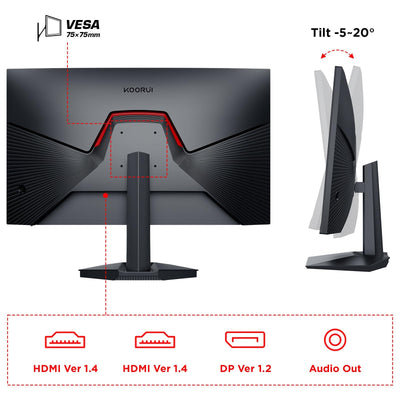 KOORUI 24 Zoll Gaming Monito 165Hz, IPS, 1080p, 1ms, kompatibel FreeSync G-sync, Rahmenlos, HDMI, DisplayPort, Neigungsverstellbar, Augenpflege, VESA-Wandmontage, schwarz