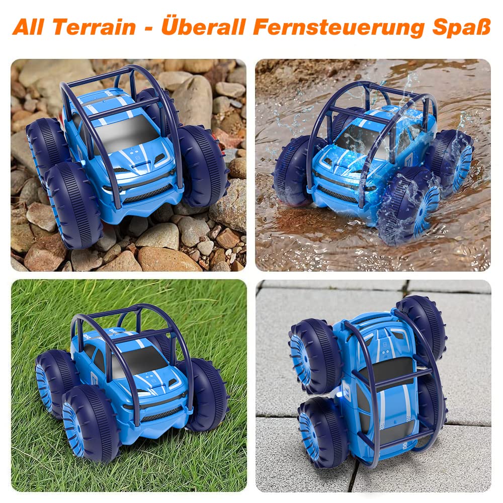 MaxTronic Direktladung Ferngesteuertes Auto mit LED Licht, Amphibien Wasserdichter RC Stunt Auto 360° Flips, 4WD 15KM/H Offroad 2.4G MonsterTruck Spielzeug Mädche Jungen für Kinder ab 3 Jahren