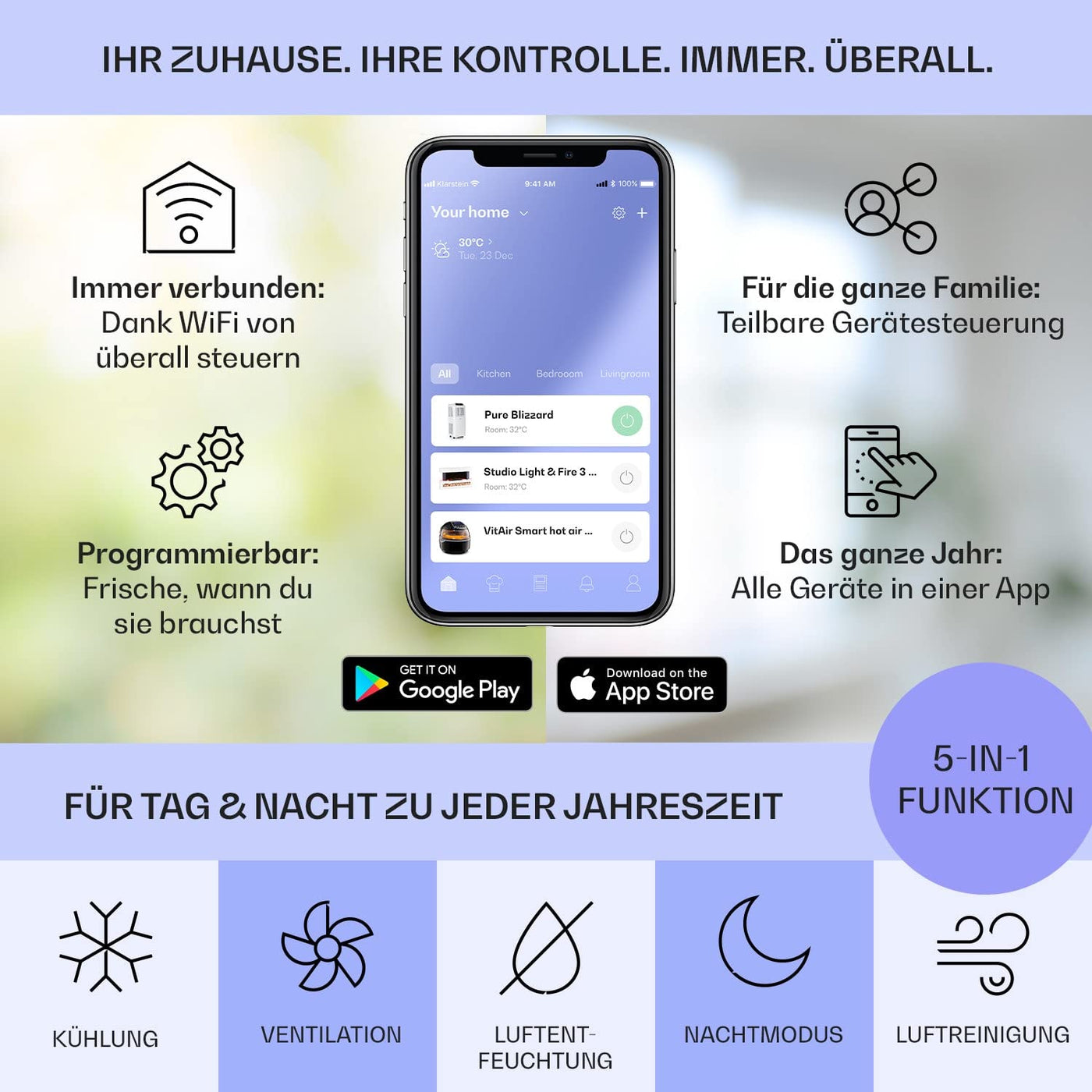 Klarstein Mobile Klimaanlage, 5-in-1 Klimagerät, Ventilator, Luftentfeuchter, Luftreiniger & Nachtmodus, App-Steuerung, Wohnung mit Abluftschlauch, Air Conditioner, 11.500 BTU, Anthrazit