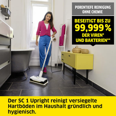 Kärcher Dampfreiniger SC 1 Upright, Aufheizzeit: 30 s, Flächenleistung: ca. 30 m², Tank: 0,2 l, Heizleistung: 1300 W, Abrasiv Bodendüse EasyFix Tuchset, weiß
